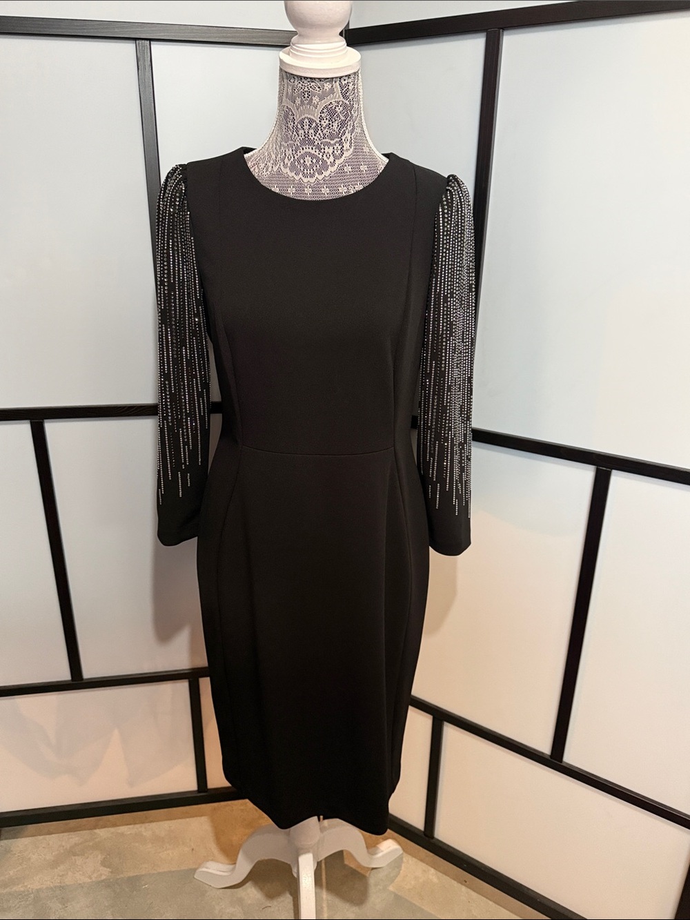 Calvin Klein Black Midi Dress with Beaded Sleeves